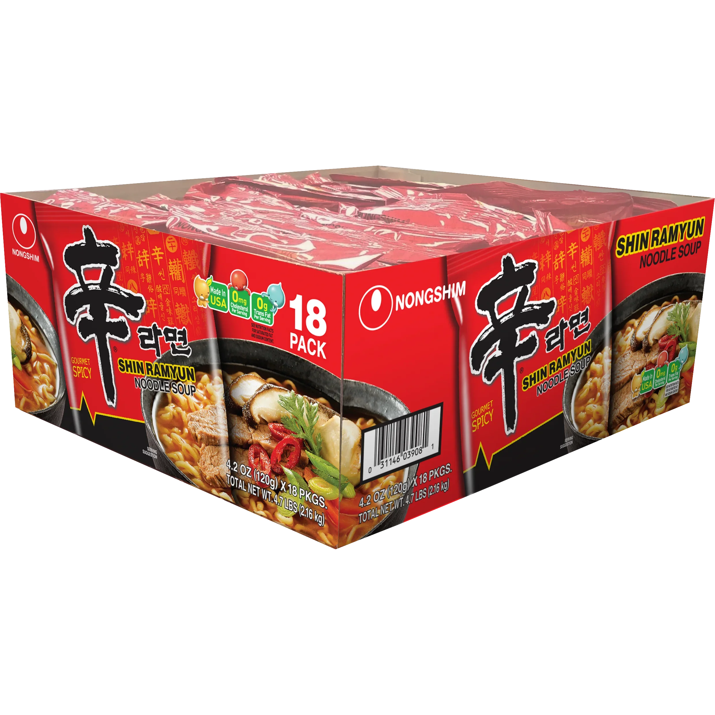Nongshim Shin Ramyun Noodles with Soup Mix, Gourmet Spicy, 4.2 oz, 18-count