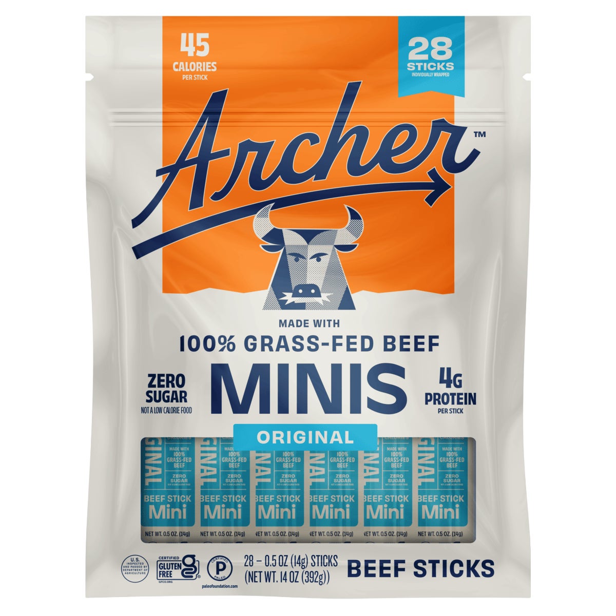 Country Archer Grass-Fed Beef Stick Minis Original, 0.5 oz, 28-Count