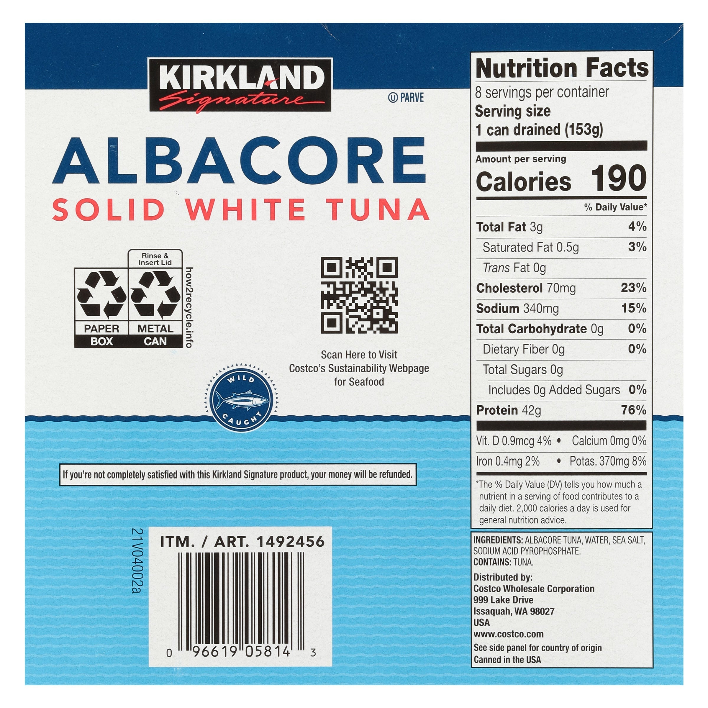 Albacore Solid White Tuna in Water, 7 oz, 8-Count