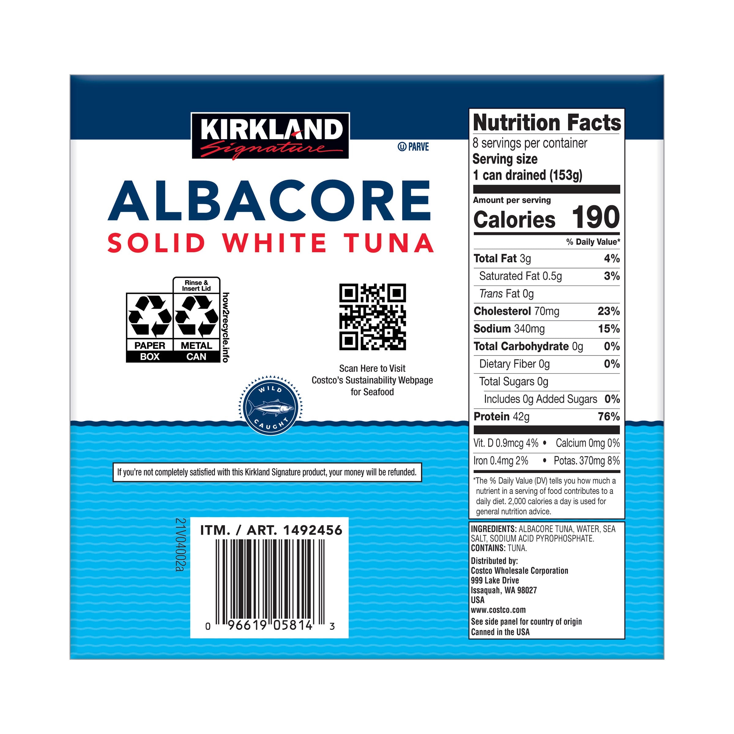 Albacore Solid White Tuna in Water, 7 oz, 8-Count