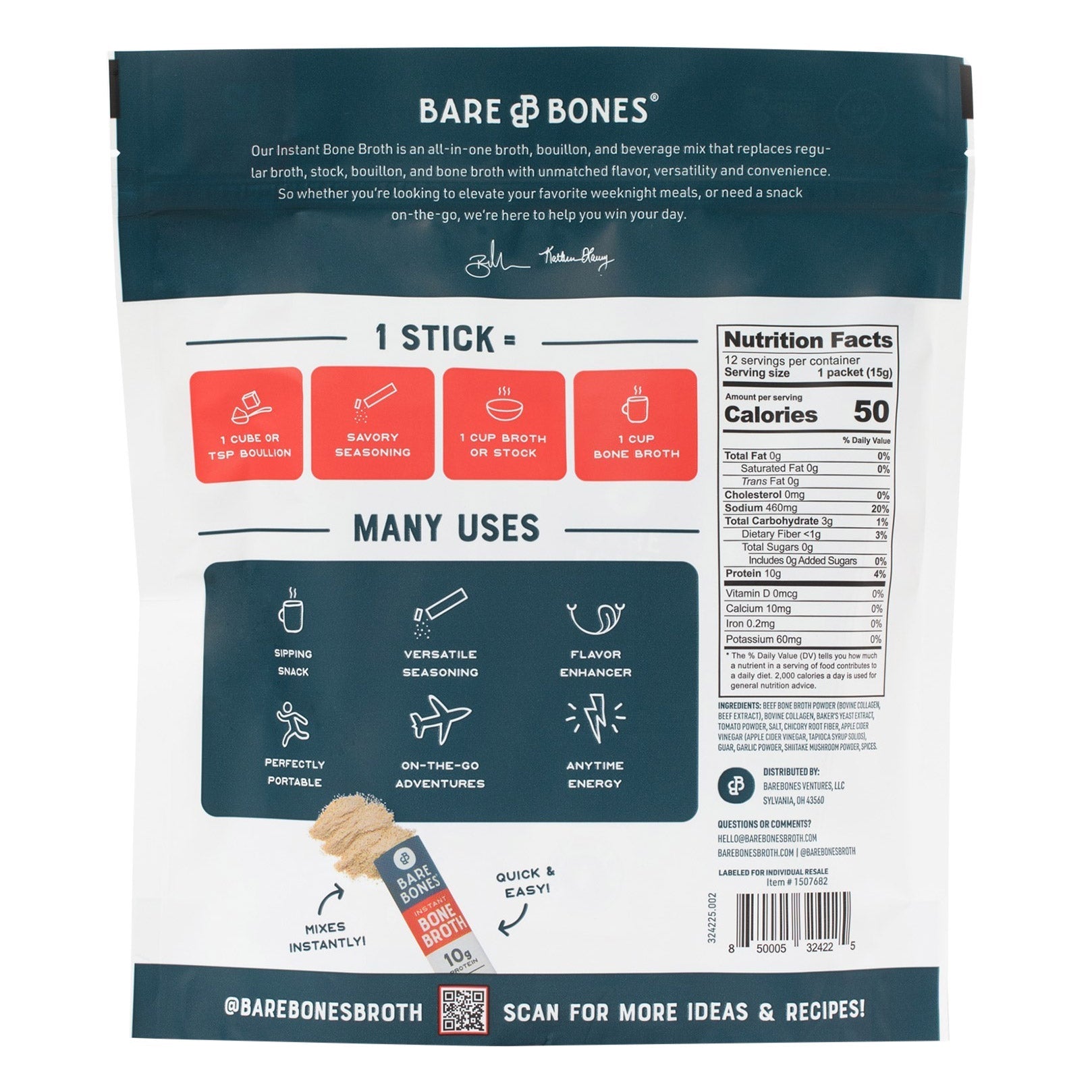 Bare Bones Beef Bone Broth Sticks, 12-count