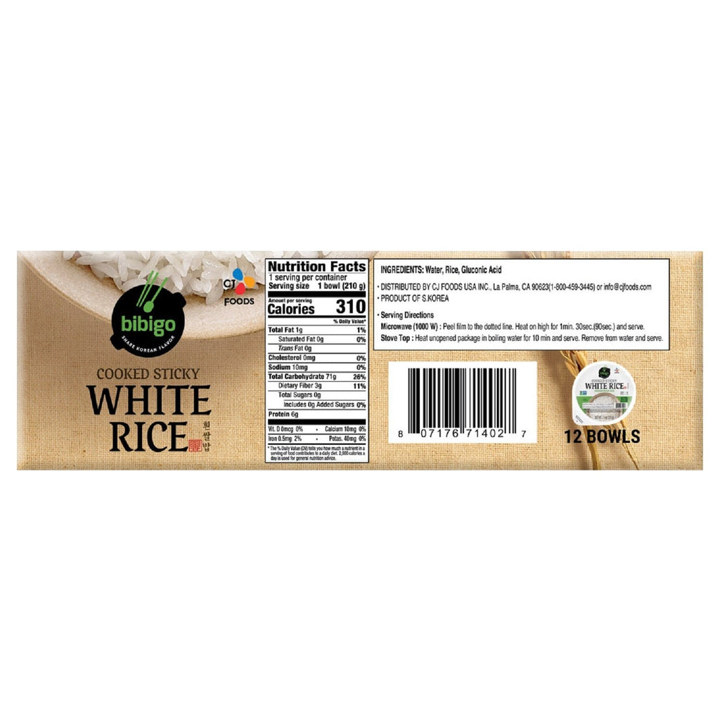 Bibigo, Cooked Sticky White Rice Bowls, Medium Grain, 7.4 oz, 12-Count