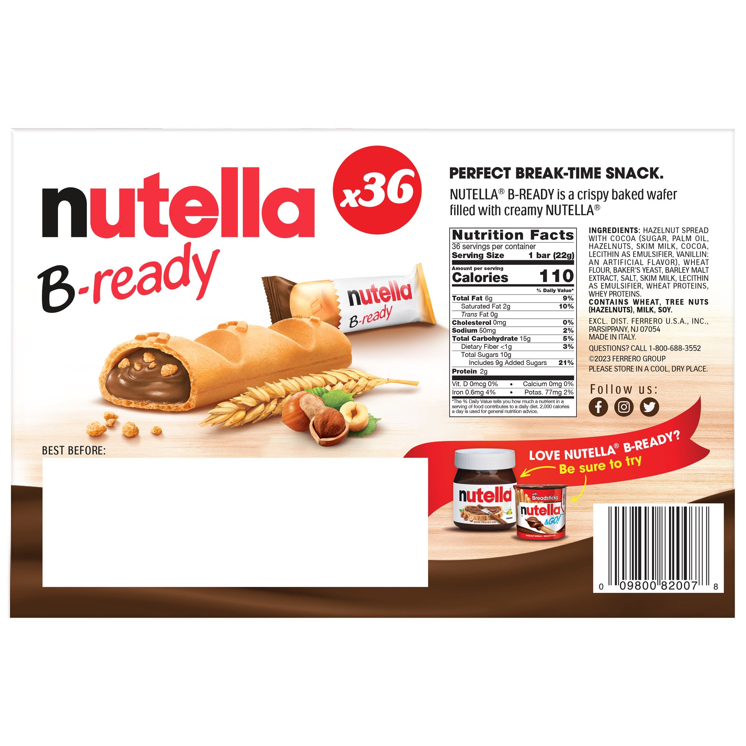 Nutella B-Ready Crispy Wafers Filled with Nutella, 0.7 oz, 36-count