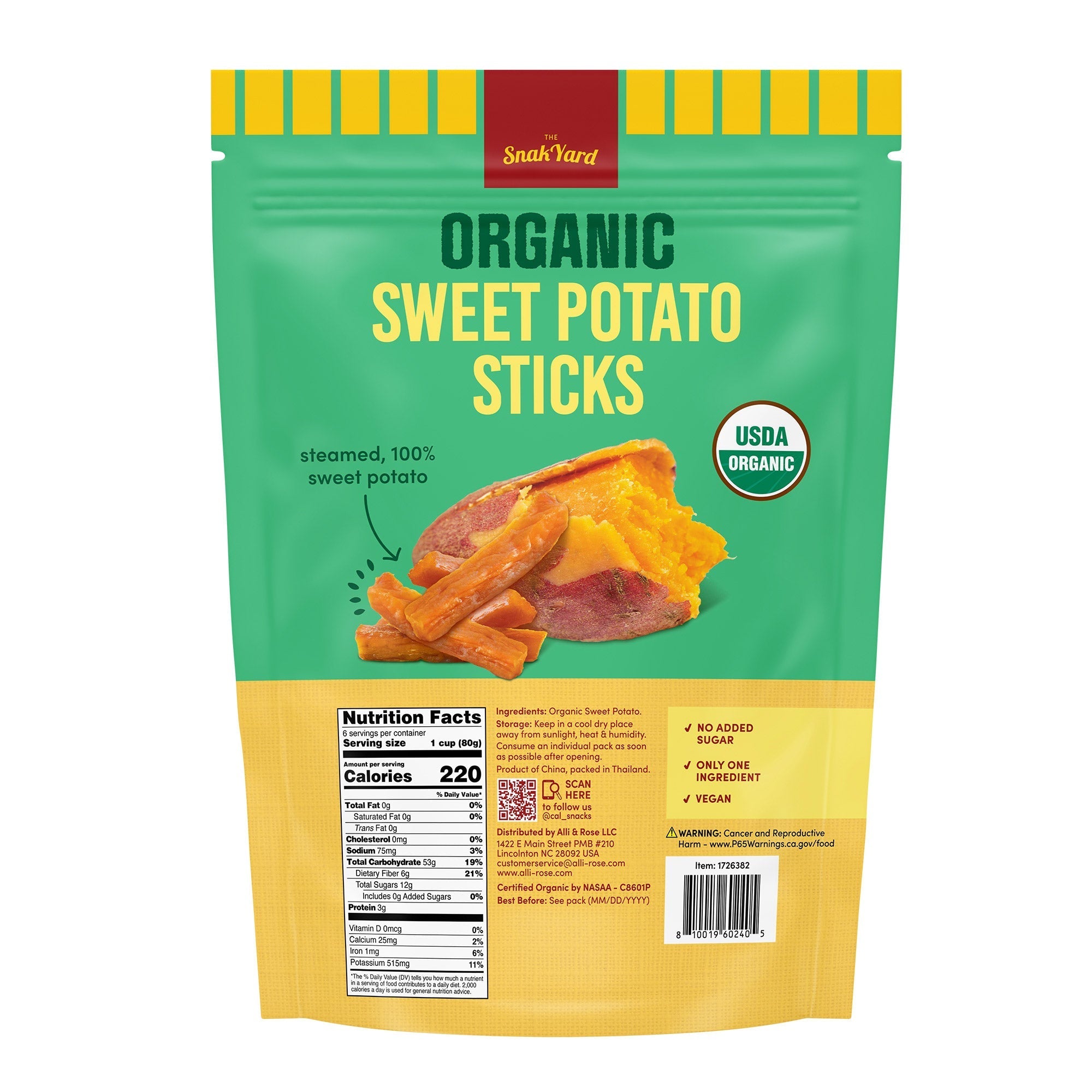 The SnakYard Organic Sweet Potato Sticks, 2.82 oz, 6-count