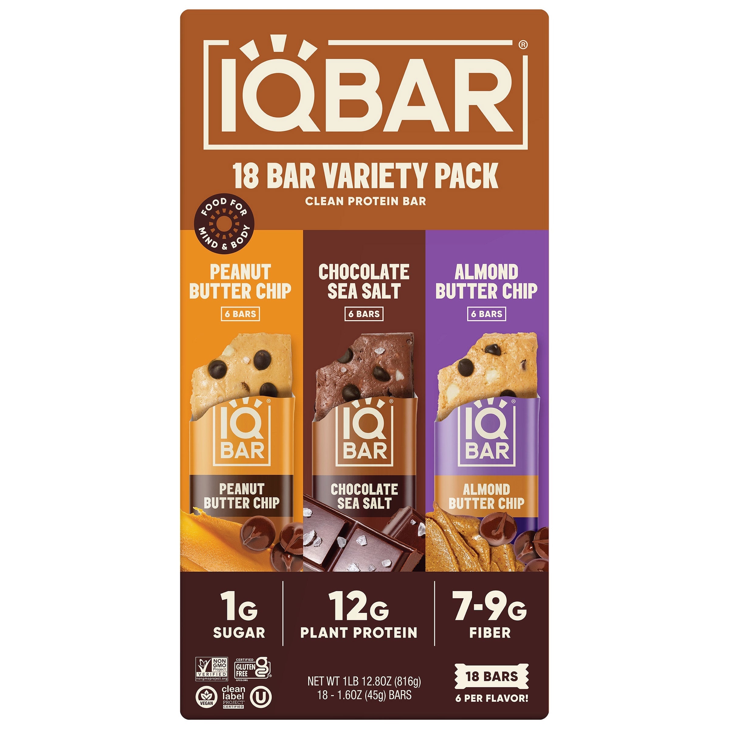 IQBAR Plant Protein Bars, Variety Pack, 1.6 oz, 18-count