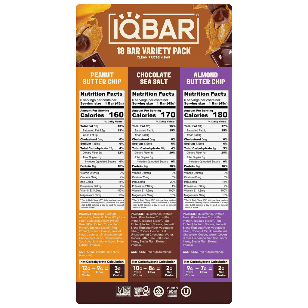 IQBAR Plant Protein Bars, Variety Pack, 1.6 oz, 18-count