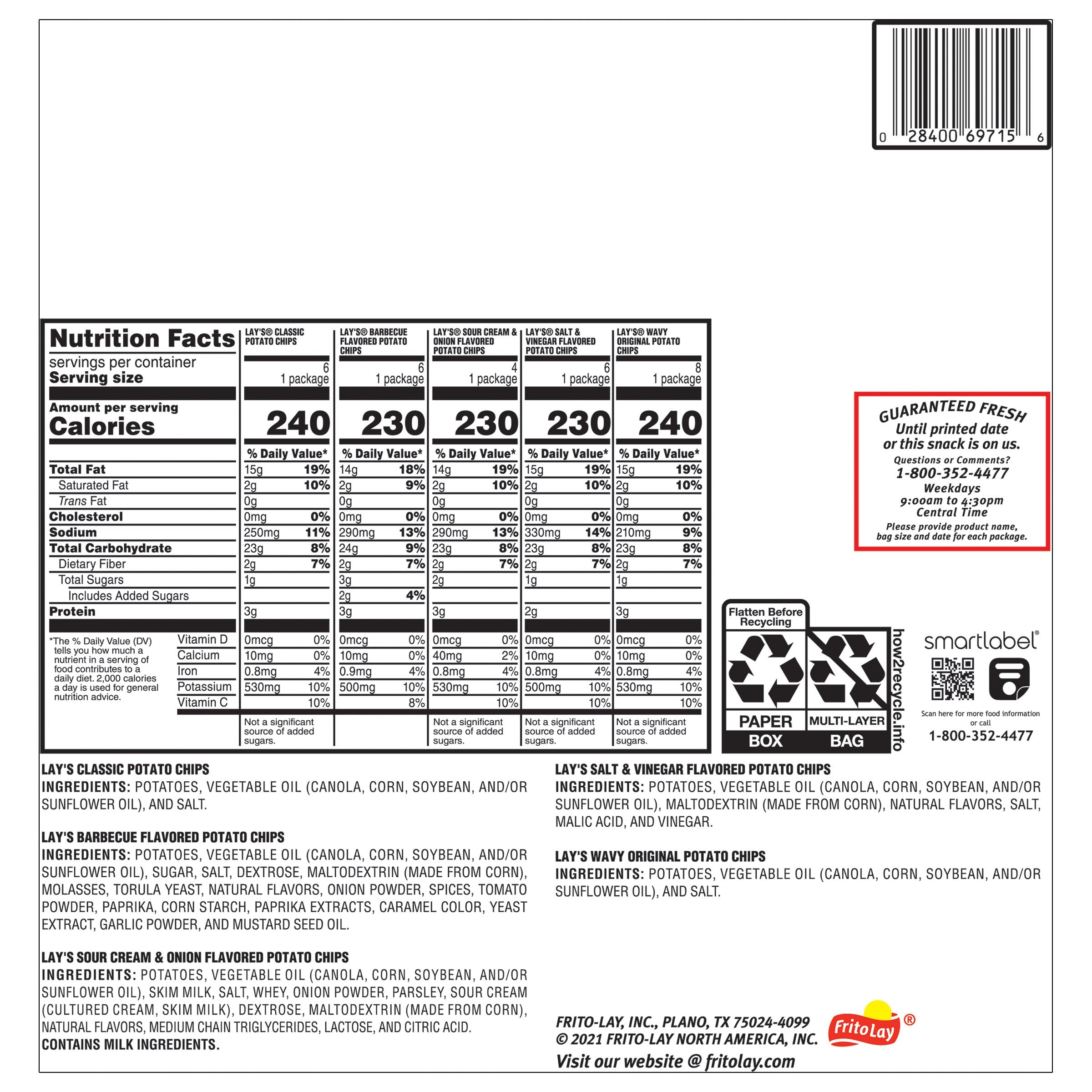 Frito Lay Potato Chips, Variety Pack, 1.5 oz, 30-count