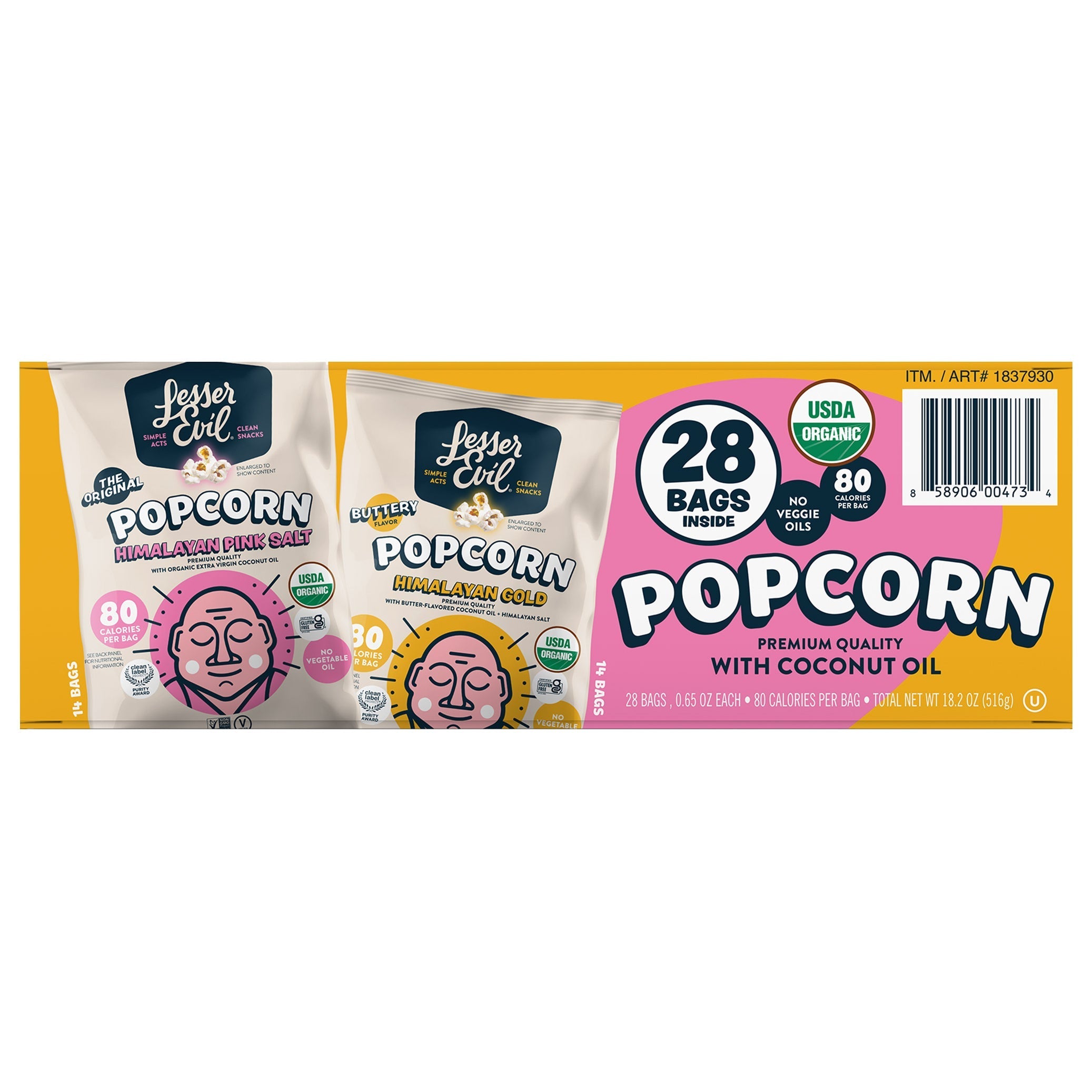 LesserEvil Organic Popcorn, Variety Pack, 0.65 oz, 28 ct