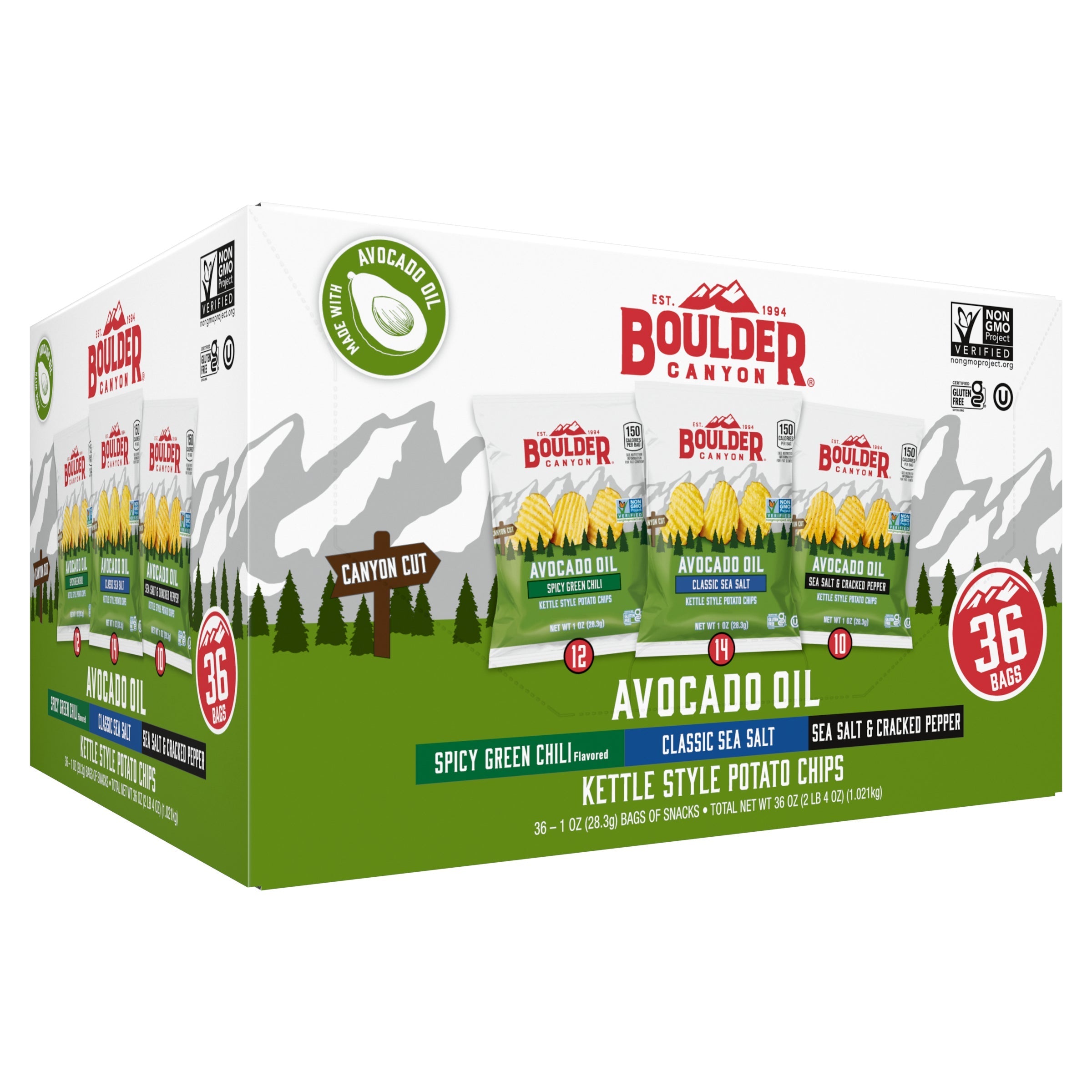 Boulder Canyon Kettle Style Potato Chips, Variety Pack, 1 oz, 36-count