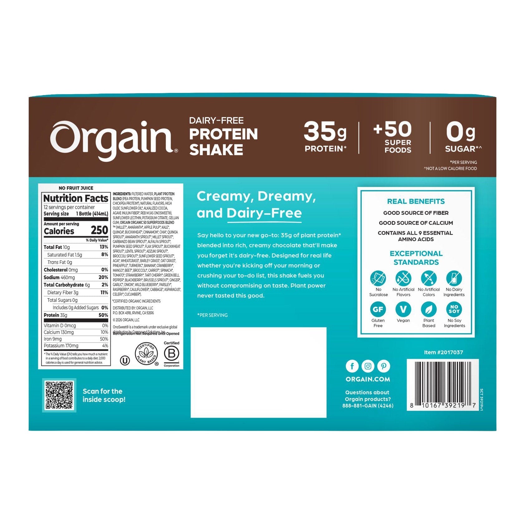 Orgain 35g Dairy Free Protein Shake, Chocolate 14 fl oz, 12-count