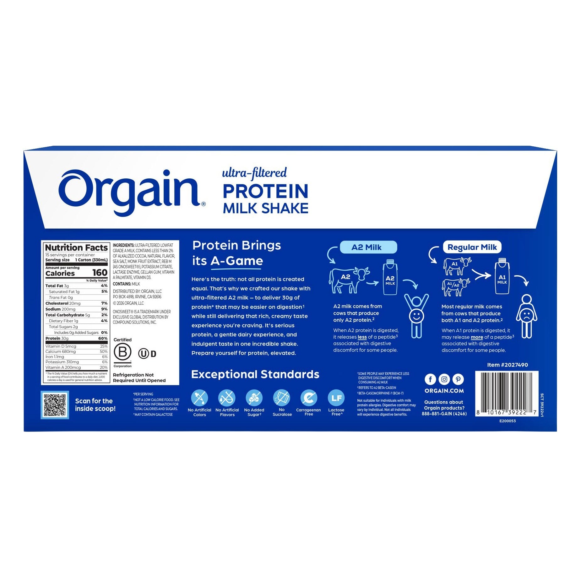 Orgain 30g Ultra Filtered A2 Milk Protein Shake, Chocolate, 11 fl oz, 15-count