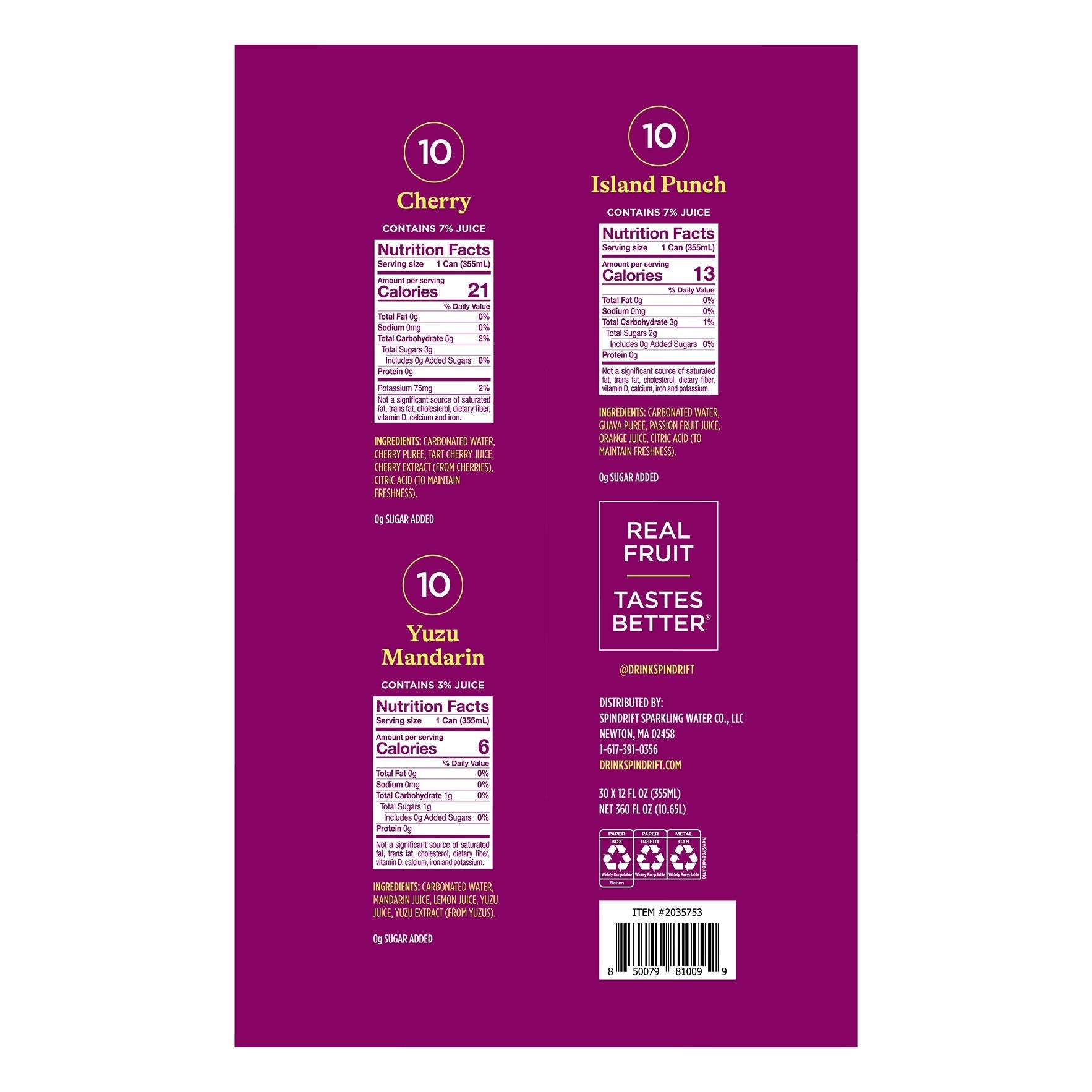 Spindrift Sparkling Water Variety Pack, 12 fl oz, 30-count