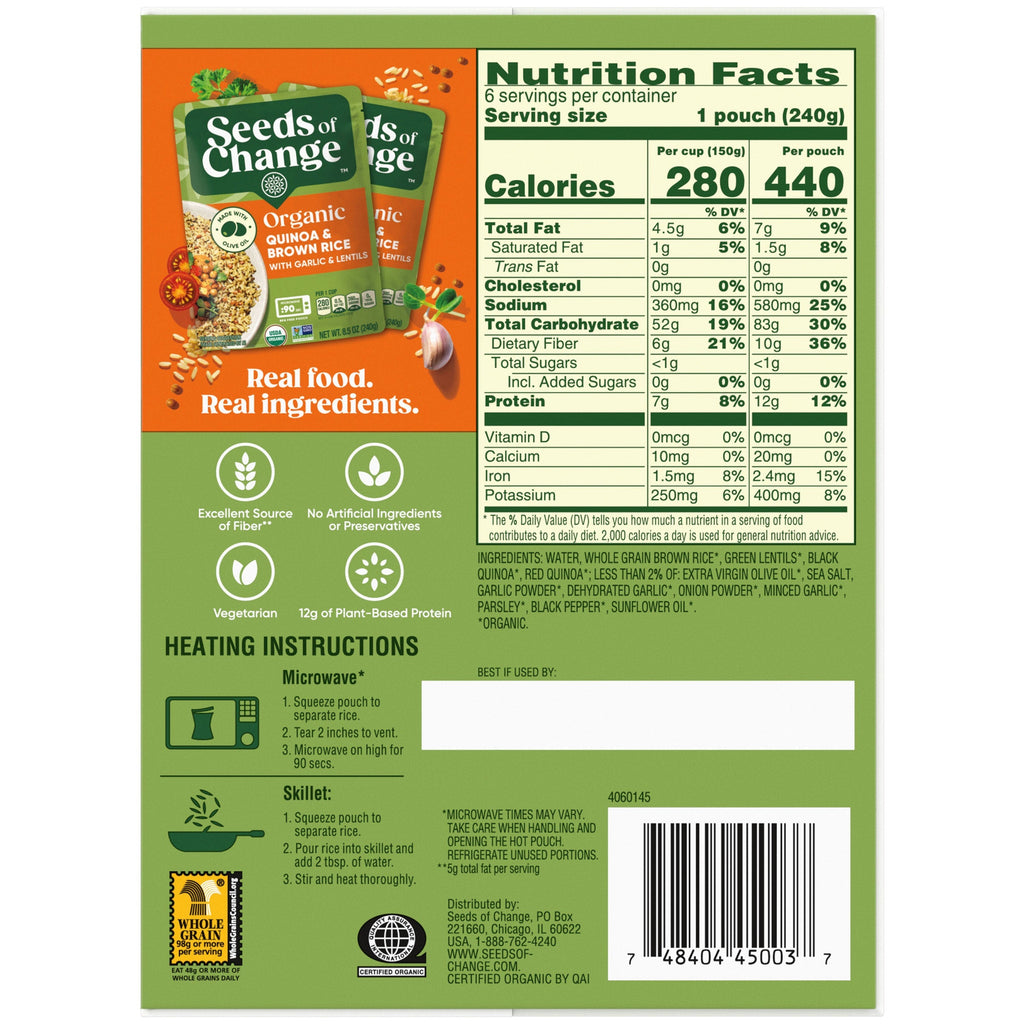 Seeds of Change Organic Quinoa & Brown Rice with Garlic & Lentils, 6-count