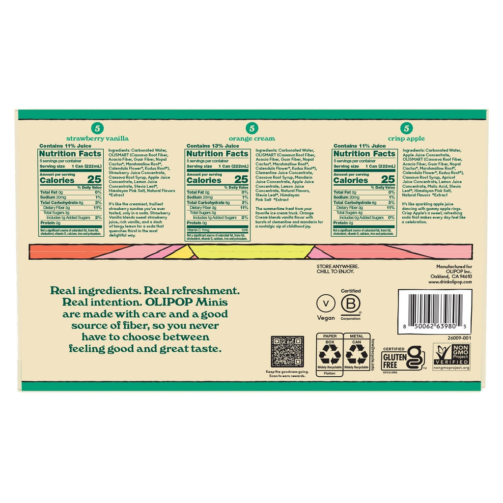 Olipop Mini Soda, Variety Pack, 7.5 fl oz, 15-count