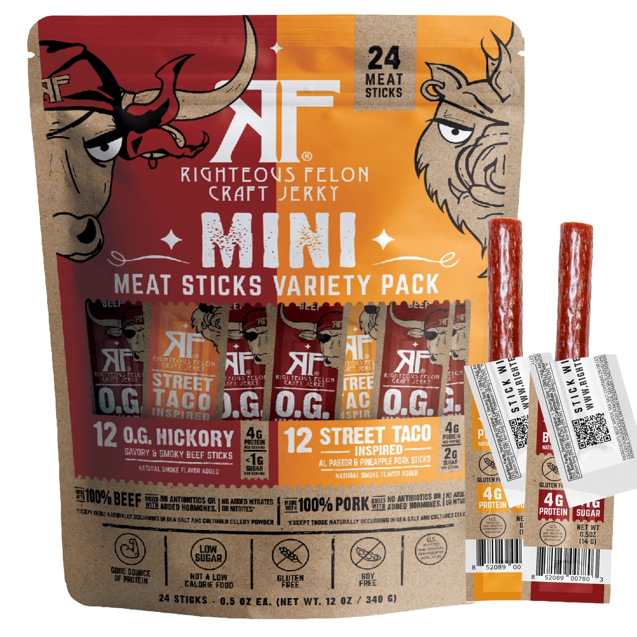 Righteous Felon Mini Meat Sticks Variety Pack, .5 oz, 24-count