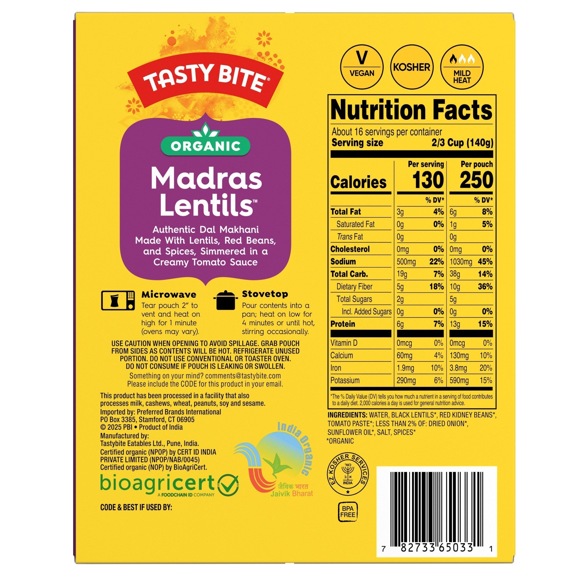 Tasty Bite Organic Madras Lentils, 10 oz, 8-count