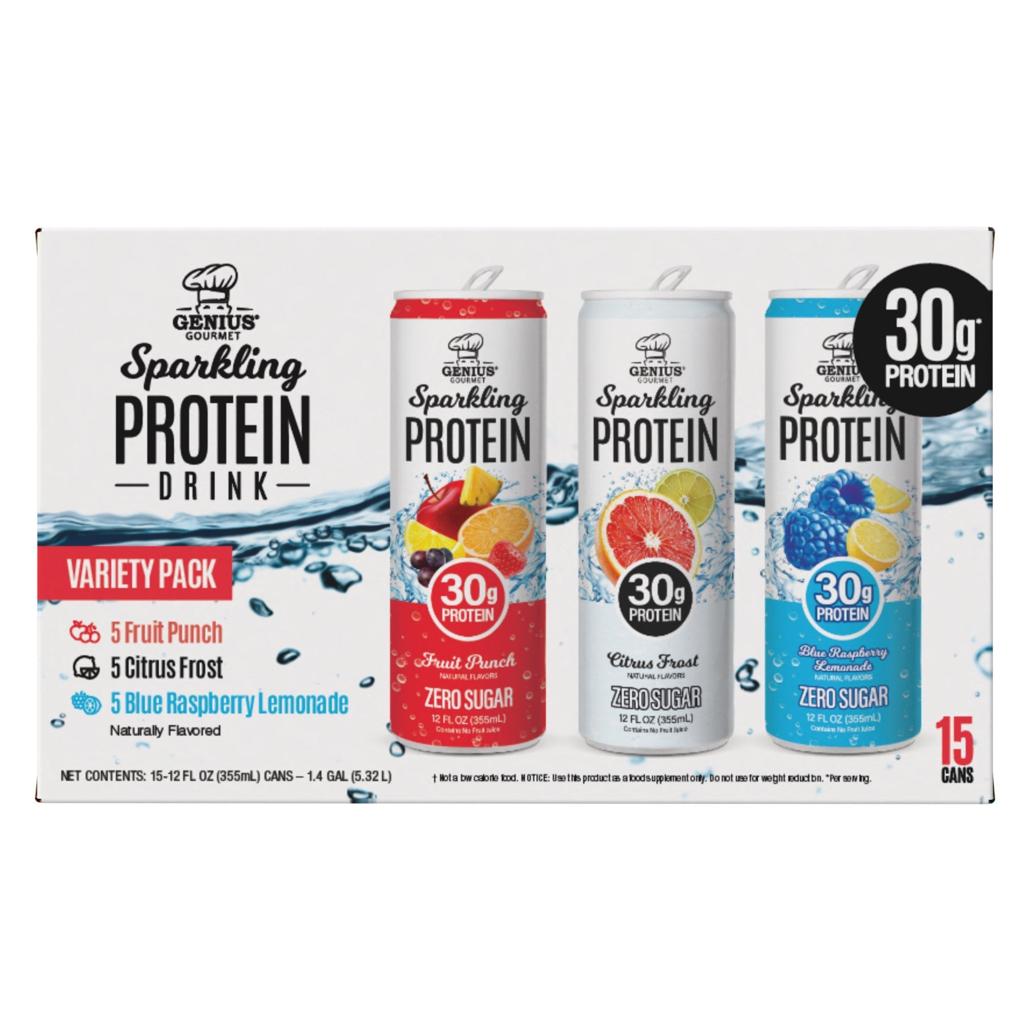 Genius Gourmet Sparkling Clear 30g Protein Variety Pack, 12 fl oz, 15-pack