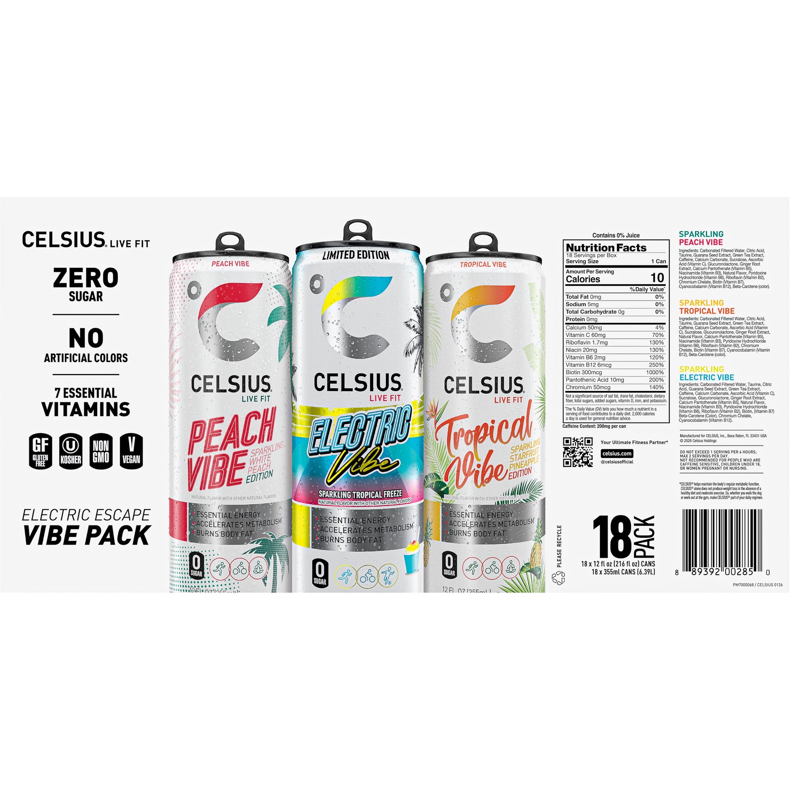Celsius Vibe Energy Drink, Variety Pack, 12 fl oz, 18-count