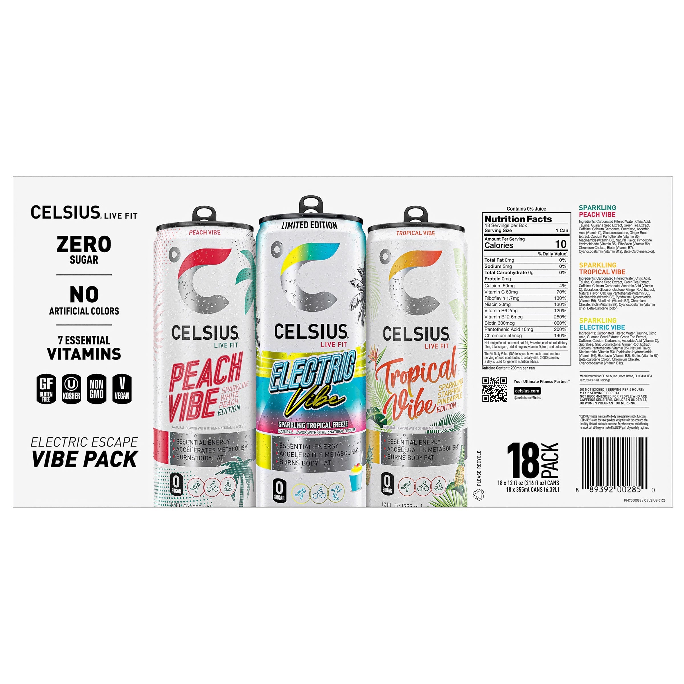 Celsius Vibe Energy Drink, Variety Pack, 12 fl oz, 18-count