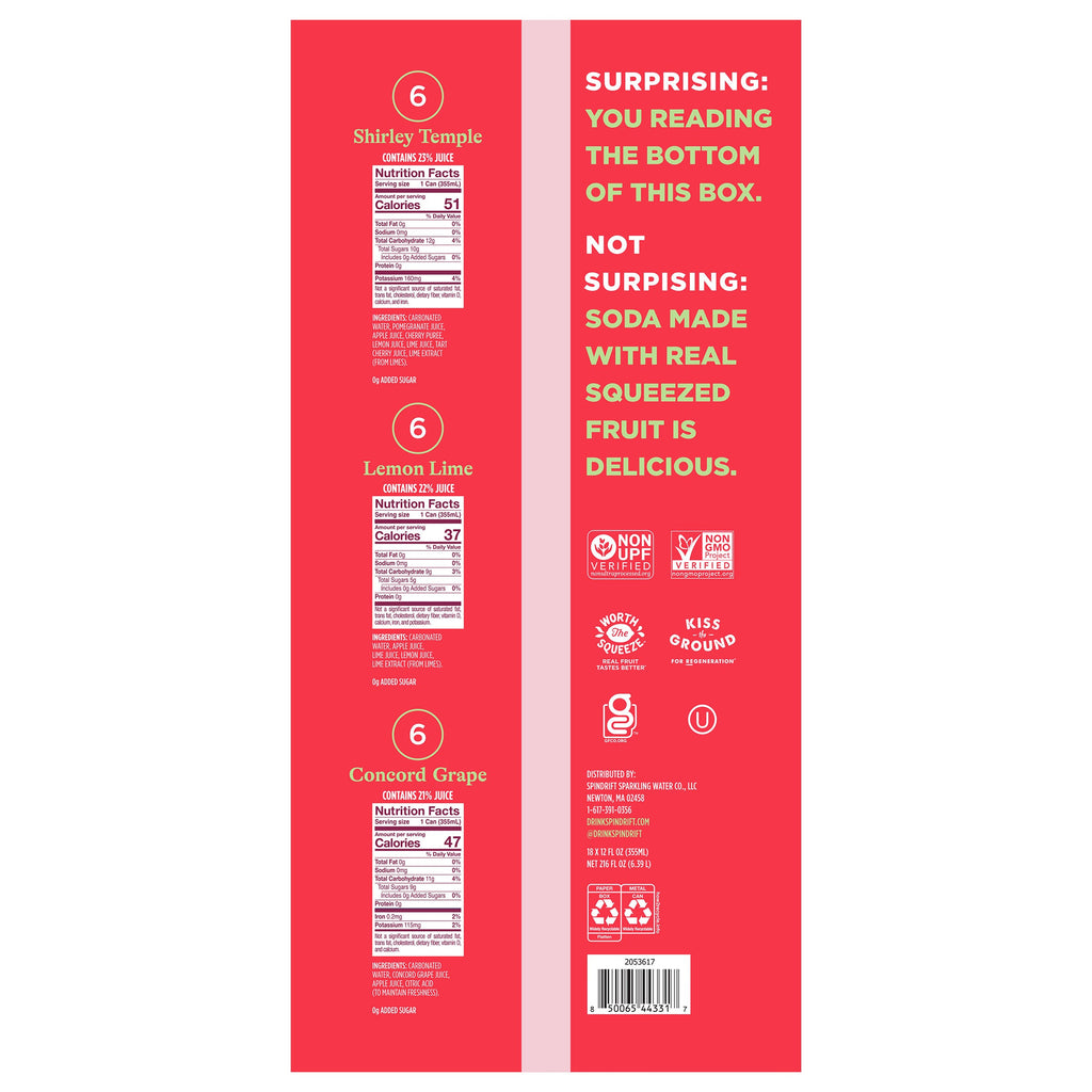 Spindrift Real Fruit Soda Variety Pack, 18 x 12 fl oz