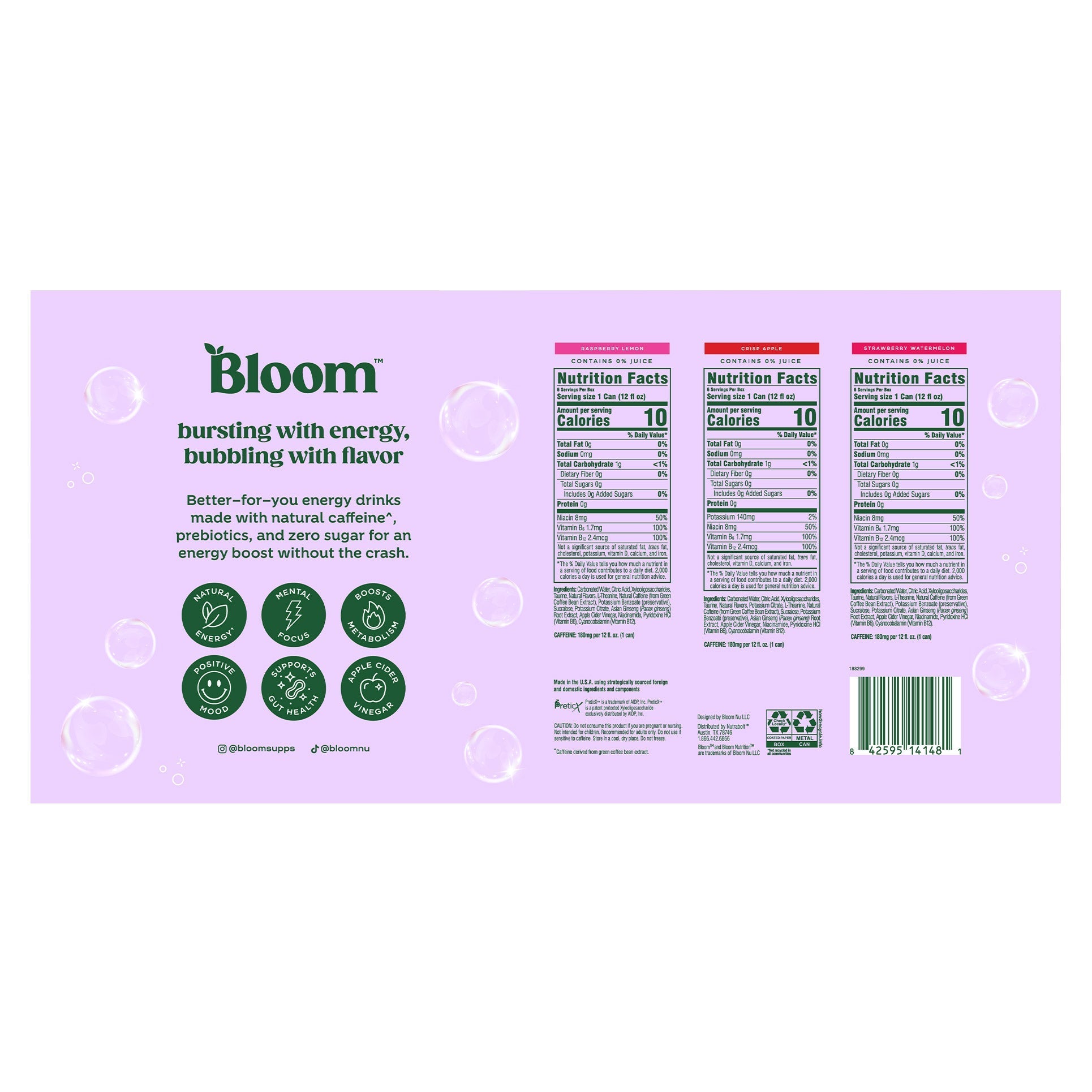 Bloom Sparkling Energy Drink, Flavor Obsessions Variety Pack, 12 fl oz, 18-count
