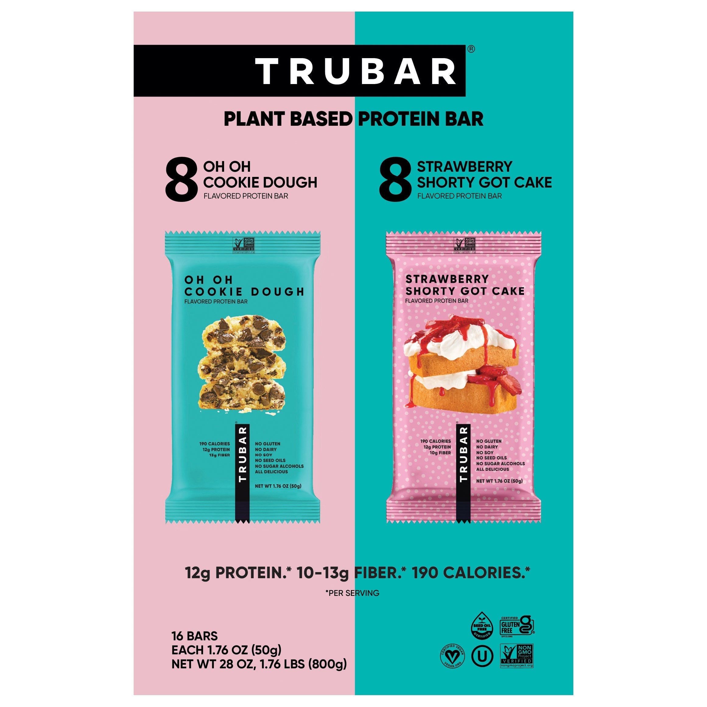 Trubar Variety Plant Based Protein Bar Dessert Pack, 1.76 oz, 16-count