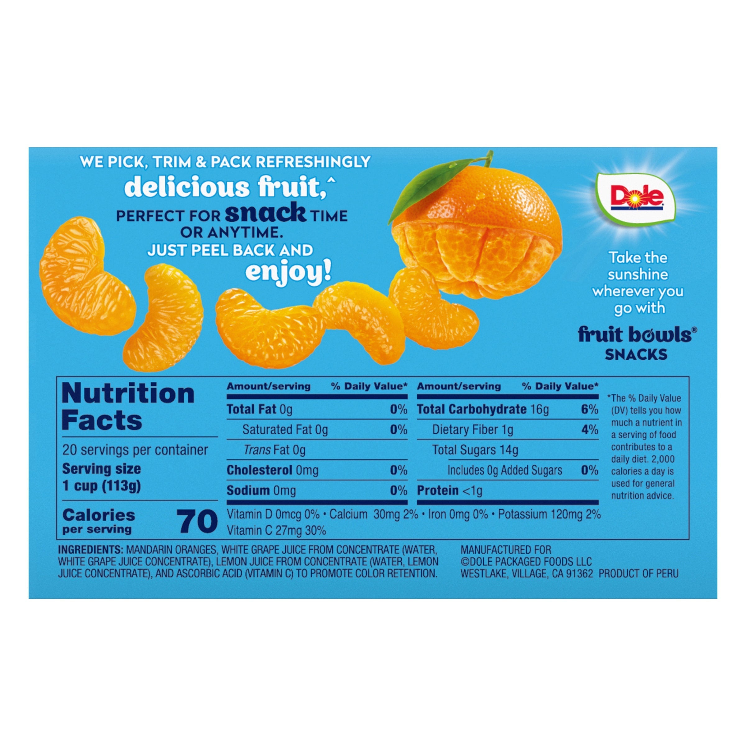 Dole Mandarin Oranges Fruit Cups, 4 oz, 20 ct