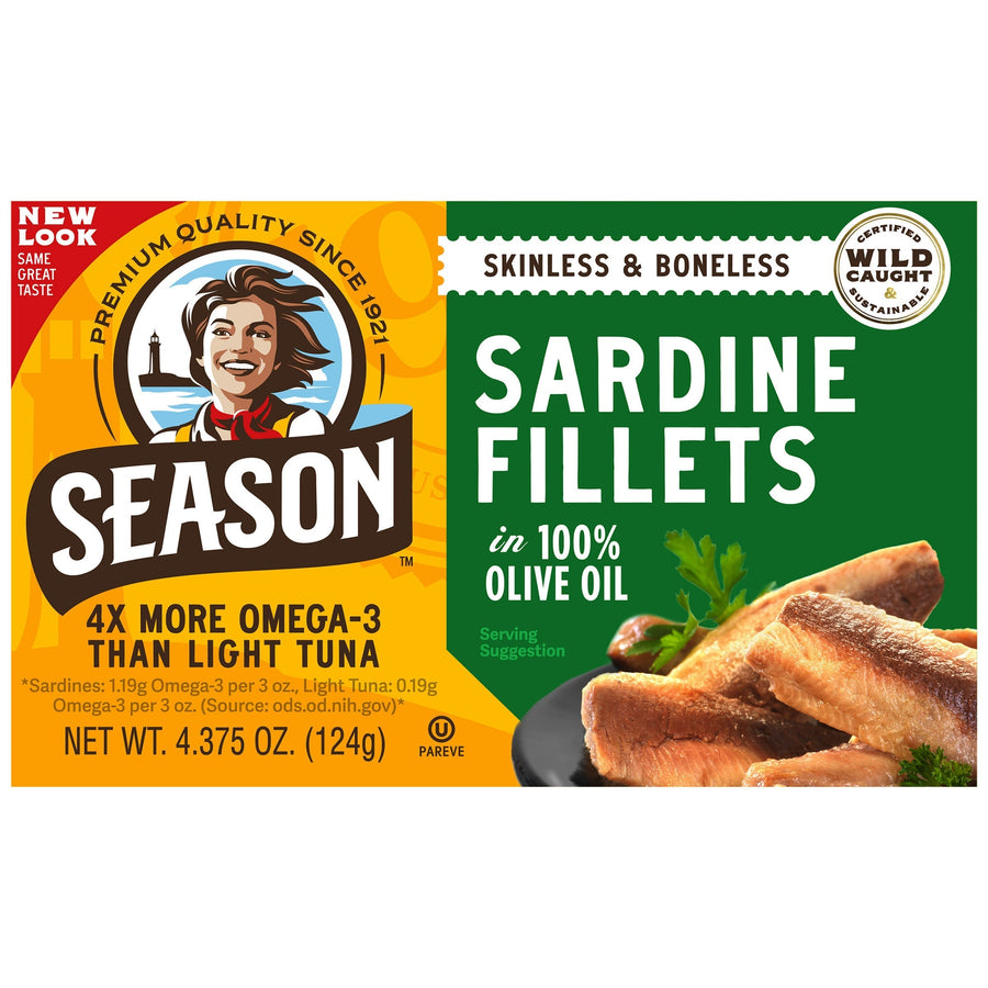 Season Skinless & Boneless Sardine Fillets in 100% Olive Oil, 4.375 oz
