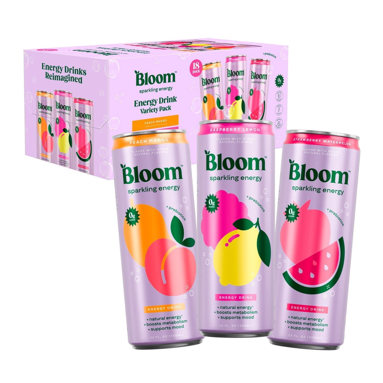 Bloom Sparkling Energy Drink, Flavor Obsessions Variety Pack, 12 fl oz, 18-count