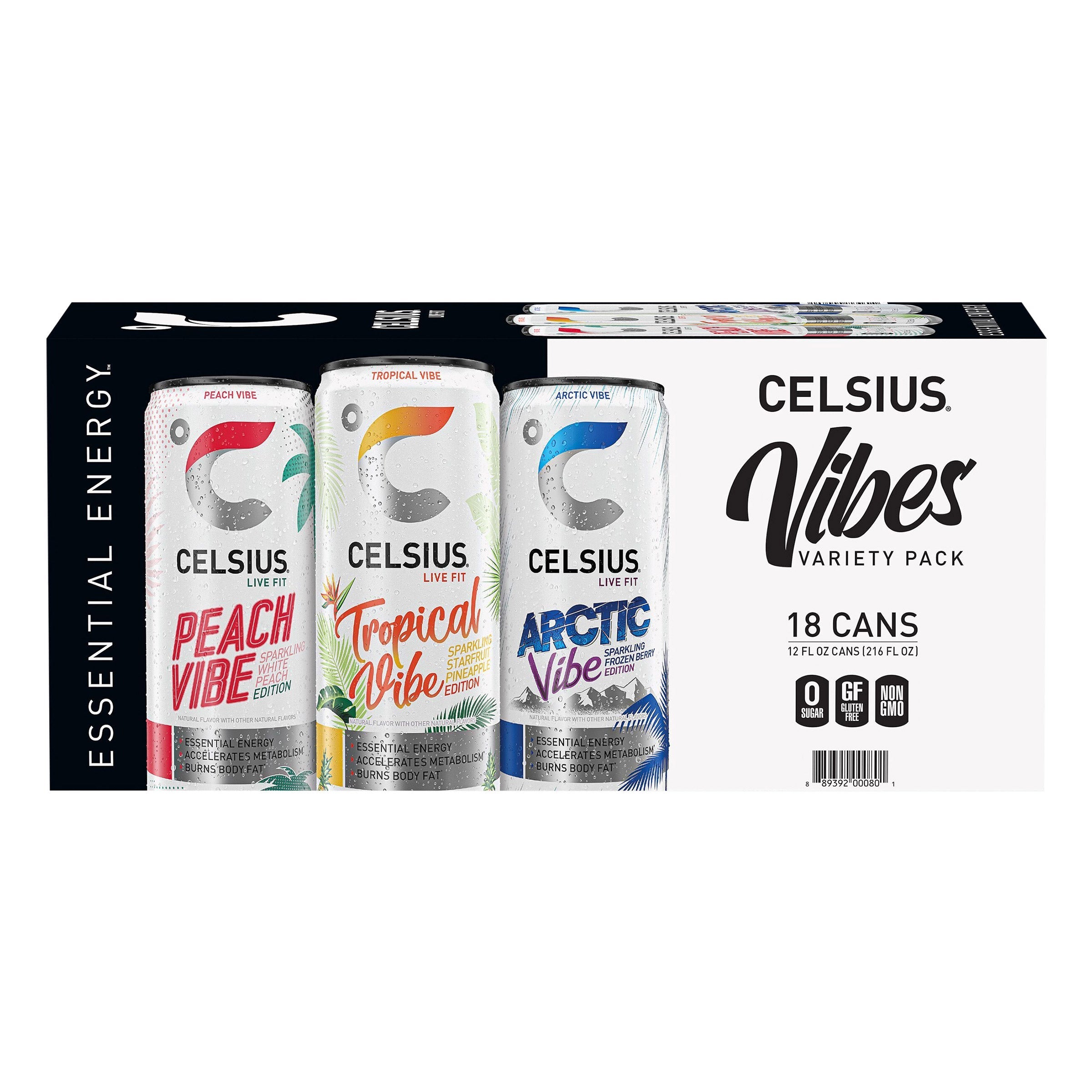 Celsius Vibe Energy Drink, Variety Pack, 12 fl oz, 18-count