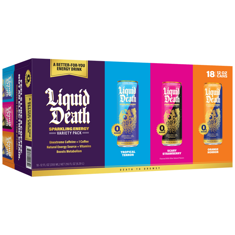 Liquid Death Sparkling Energy Drink, Variety Pack, 12 fl oz, 18 ct