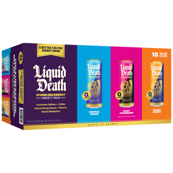 Liquid Death Sparkling Energy Drink, Variety Pack, 12 fl oz, 18 ct