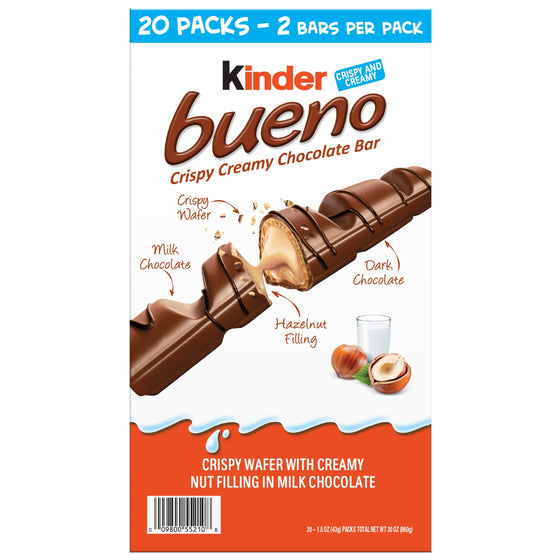 Kinder Bueno Chocolate and Hazelnut Chocolate Bars, 2 Bars, 1.5 oz, 20 Pack