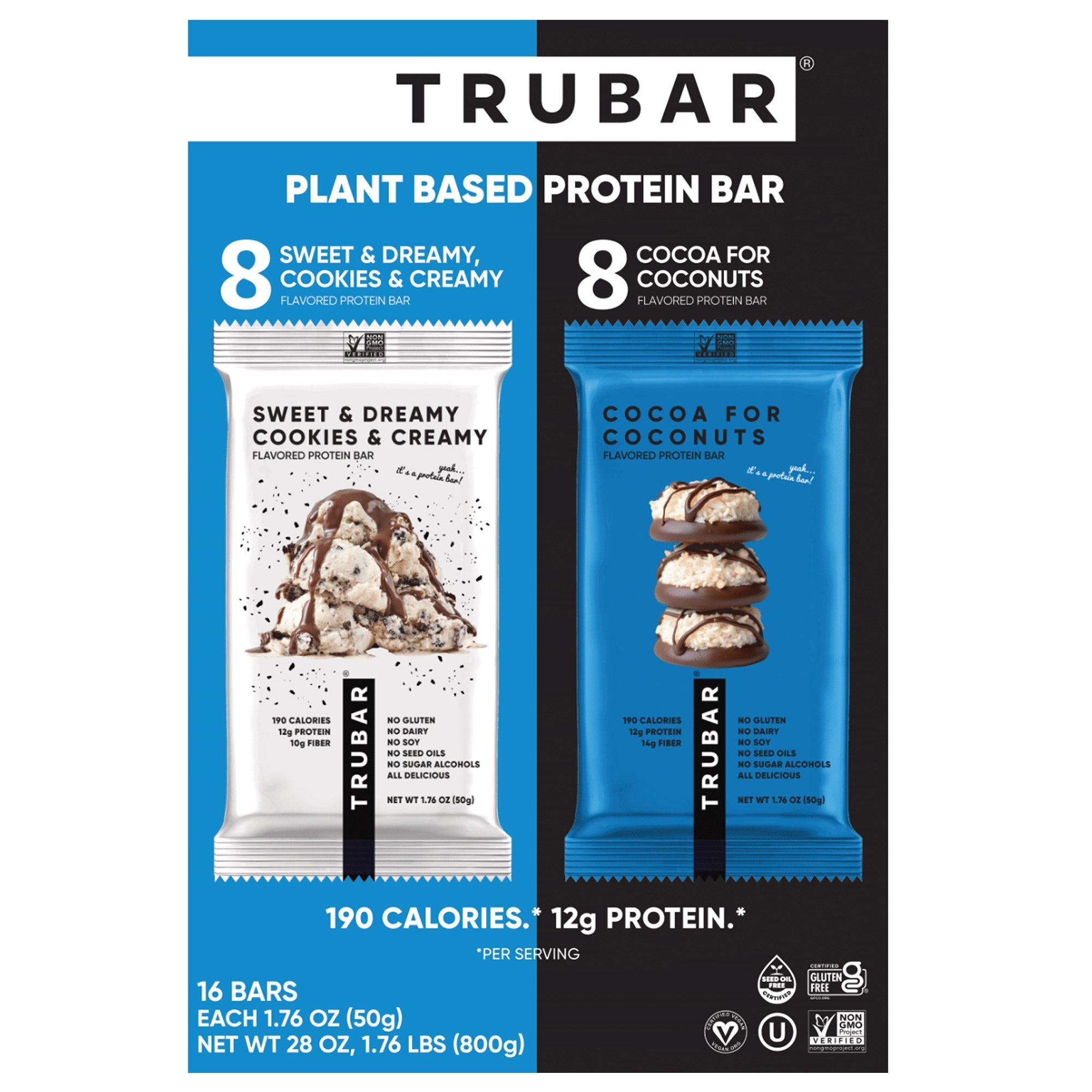 Trubar Variety Plant Based Protein Bar Dessert Pack, 1.76 oz, 16-count
