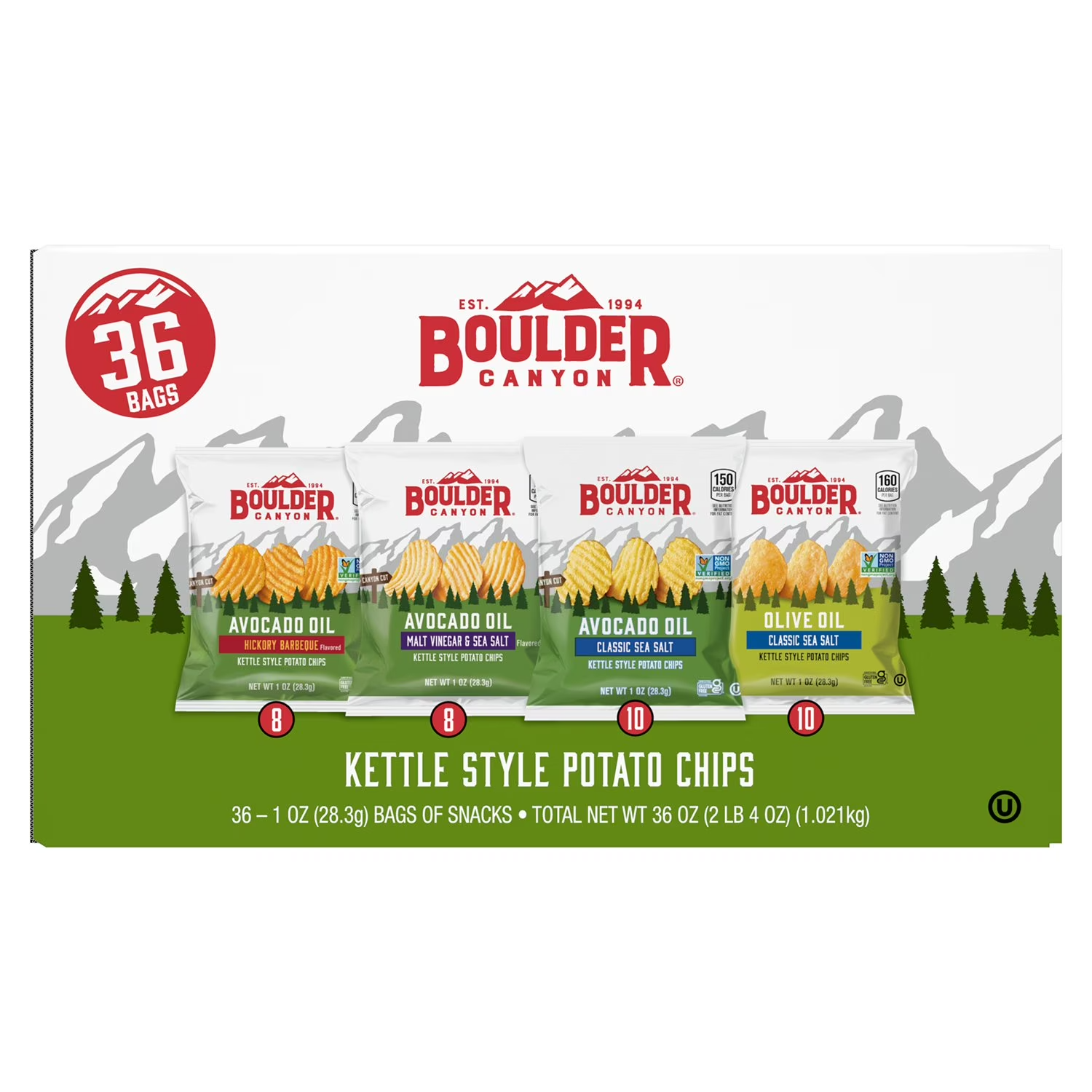Boulder Canyon Kettle Style Potato Chips, Variety Pack, 1 oz, 36-count