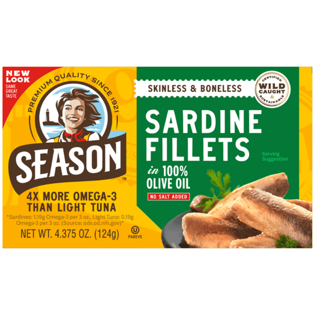Season Sardine Fillets In 100% Olive Oil, Wild Caught, Skinless & Boneless, 4.375 oz, 6-Count