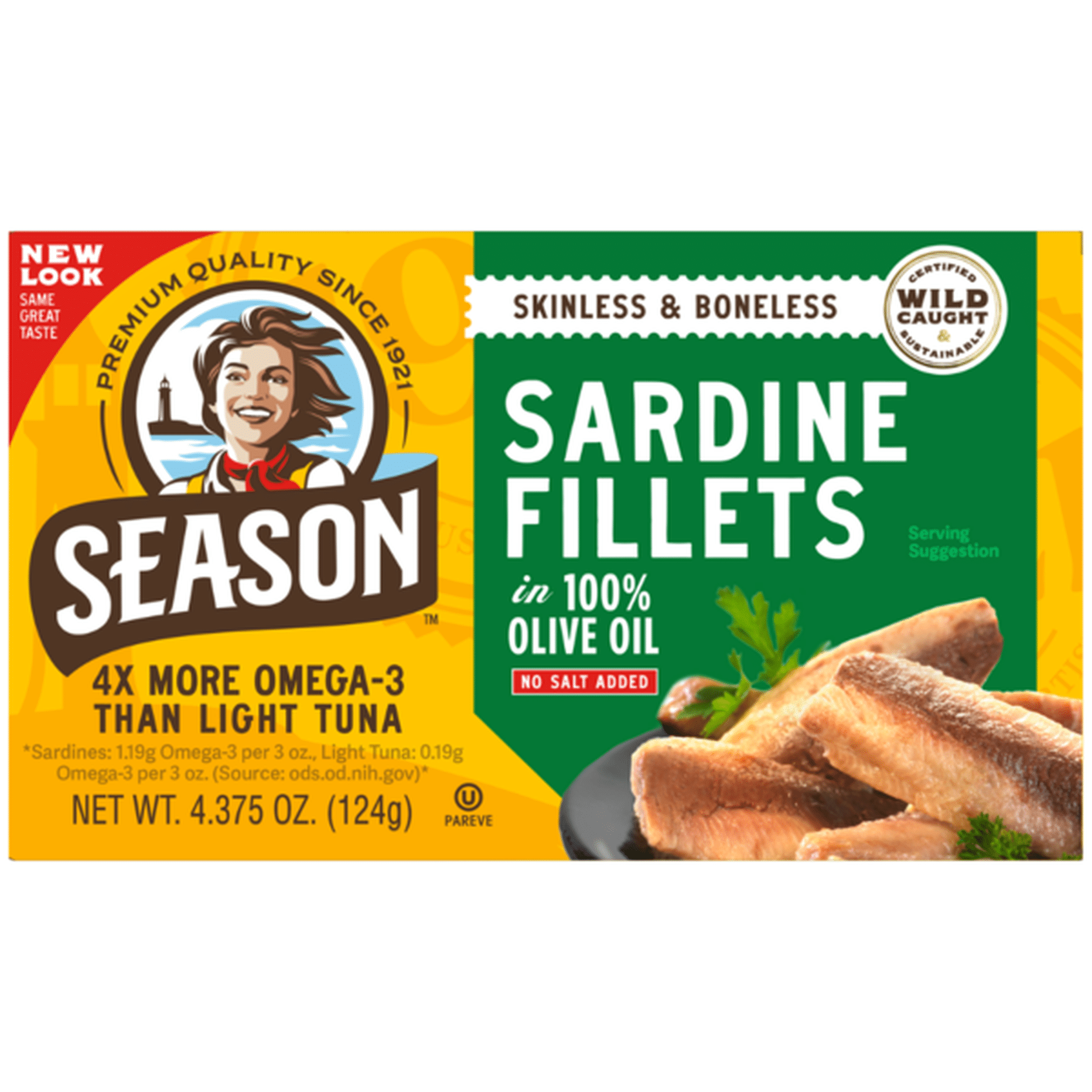 Season Sardine Fillets In 100% Olive Oil, Wild Caught, Skinless & Boneless, 4.375 oz, 6-Count